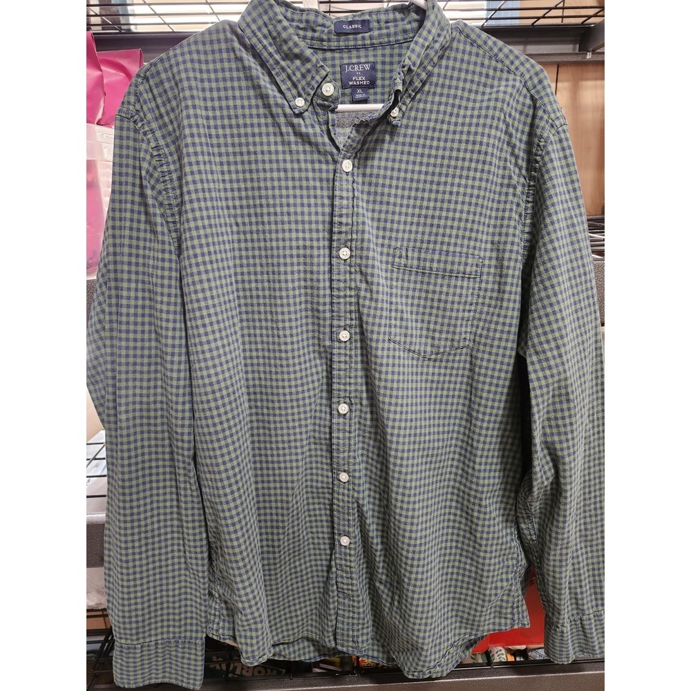 J Crew Shirt Mens Button Up Down X Large Green Navy Blue Check Plaid Long Sleeve
